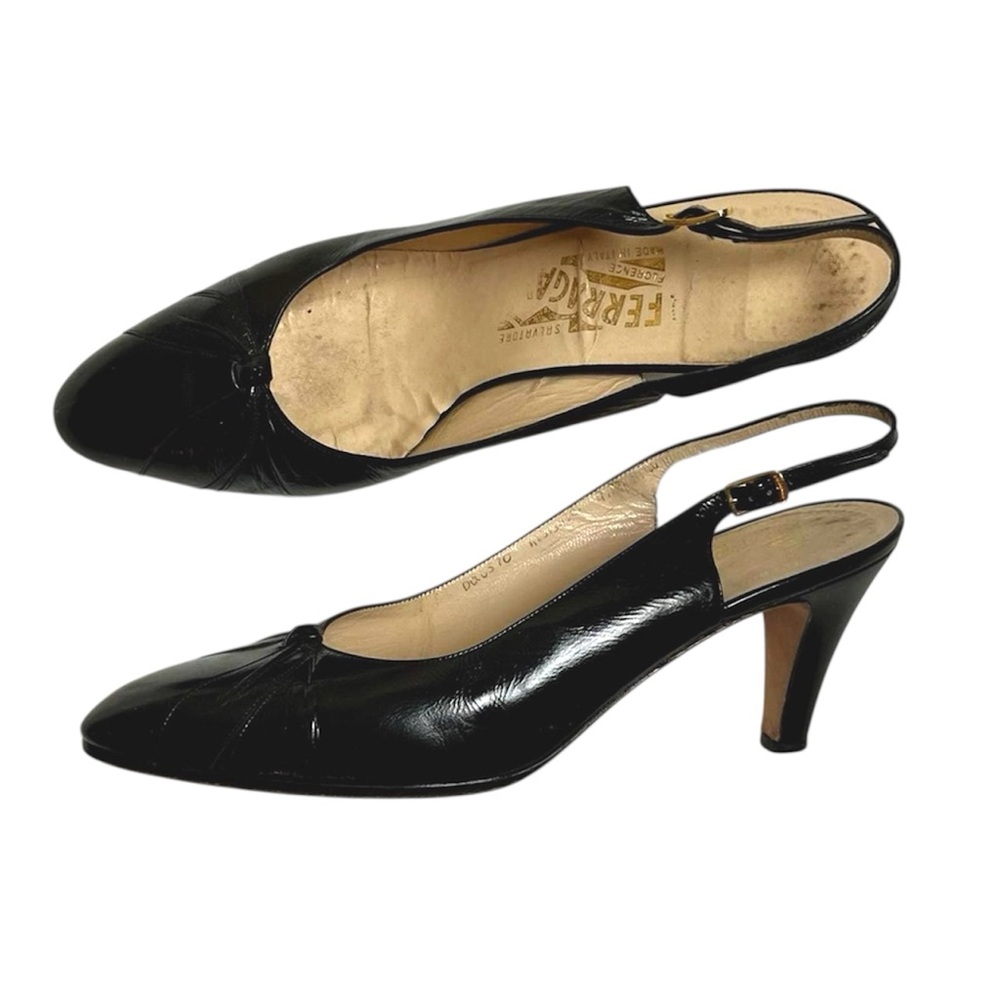 Vintage Salvatore Ferragamo Black Leather Slingback Heels